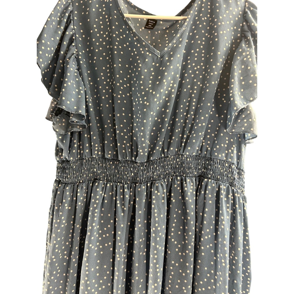 Shein Curve Blue Polka Dot Flutter Sleeve Smocked Waist Ruffle Midi Dress 4XL - Picture 3 of 5